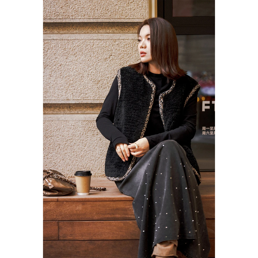 PLUSMALL 夜宴浮金 毛茸茸仿皮草大朵羊羔毛小香马甲PLUS2512029