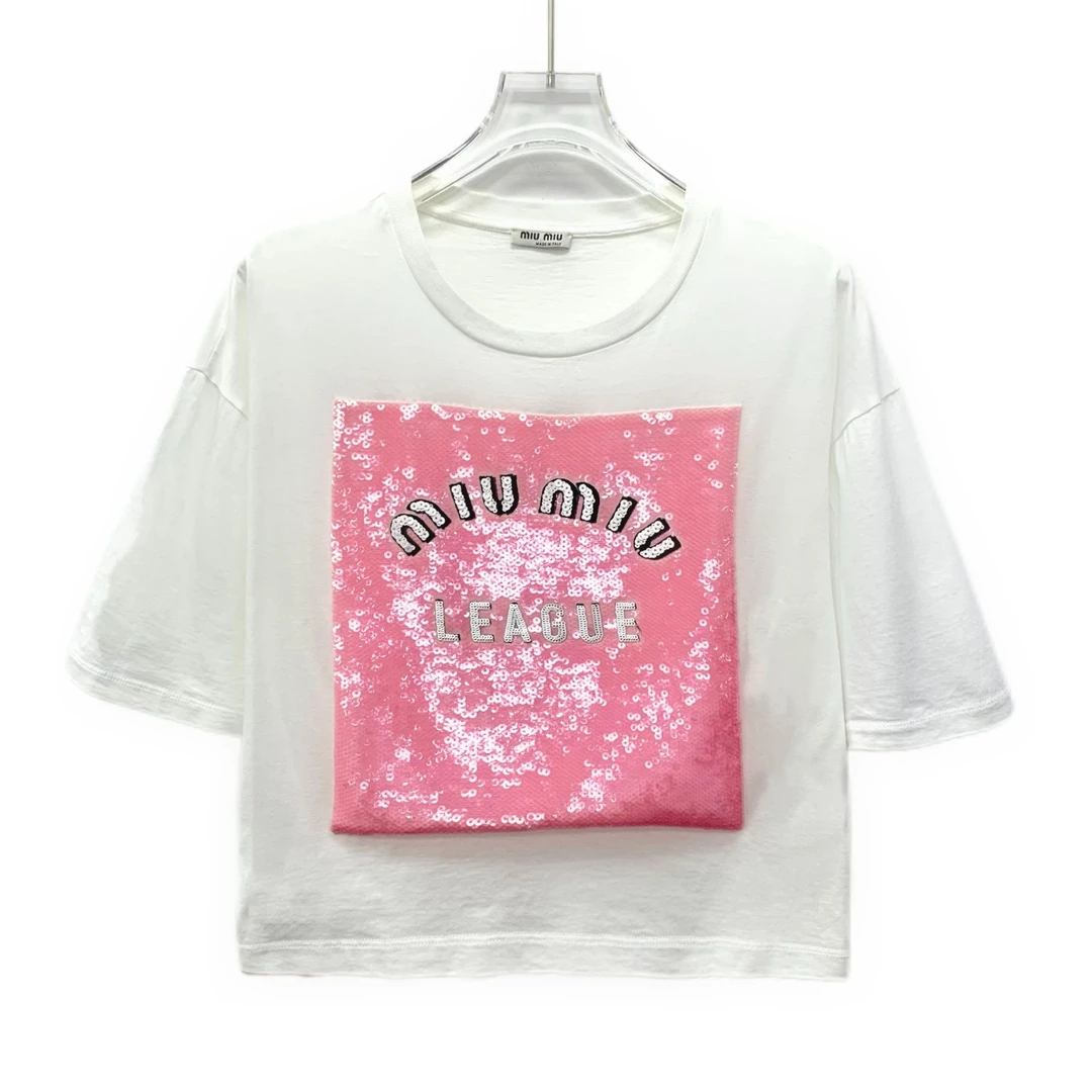 99新 MIU MIU/缪缪 CW0621 logo亮片棉质圆领短袖T恤 L码