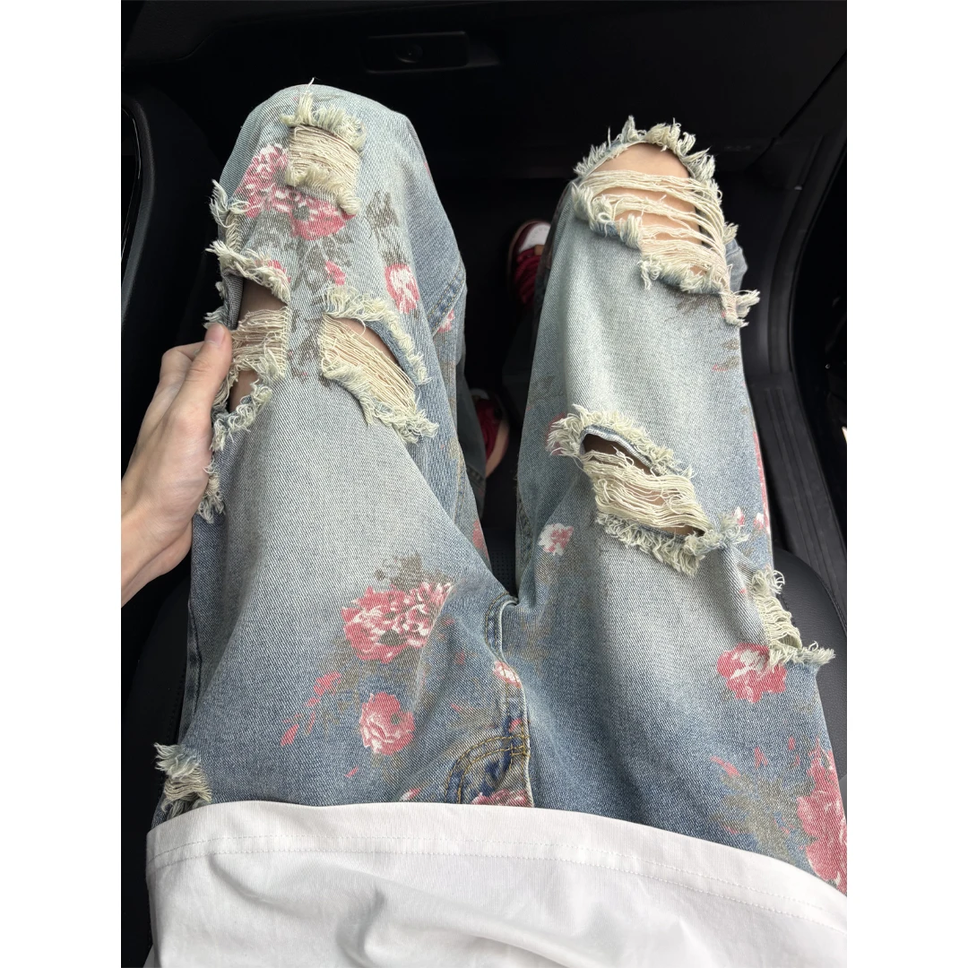 美式复古蓝花卉破洞牛仔裤男夏季满印水洗cleanfit裤子直筒微喇裤
