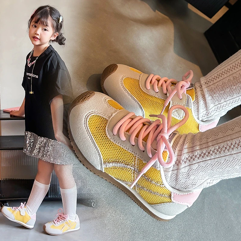 儿童德训鞋春季新款男童女童时尚运动鞋小女孩平底轻便阿甘鞋网面