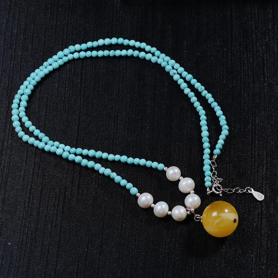 天然绿松石15m+圆珠锁骨链