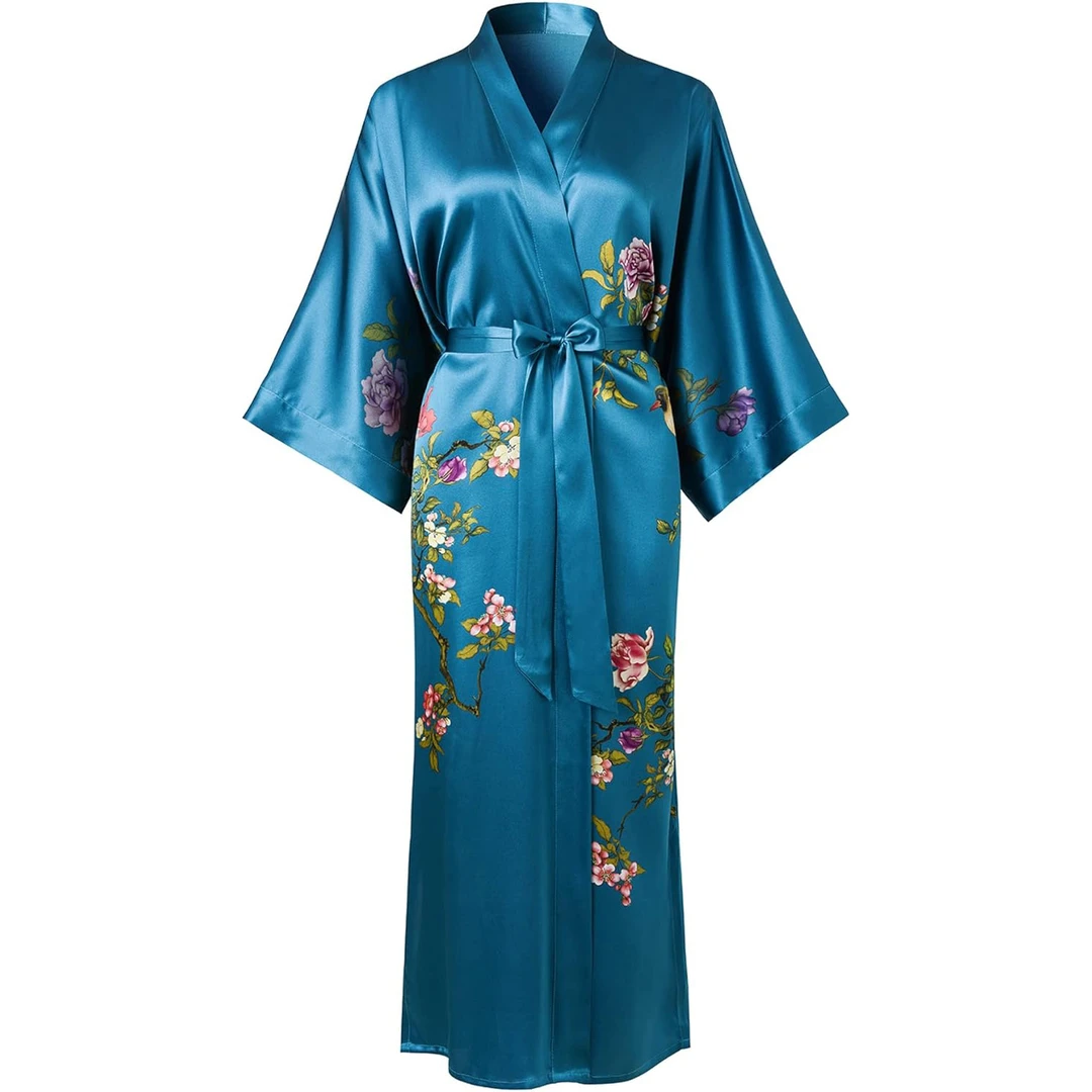 西湖丝韵【花鸟图-七分袖睡袍】桑蚕丝长款国风汉服居家服真丝晨袍