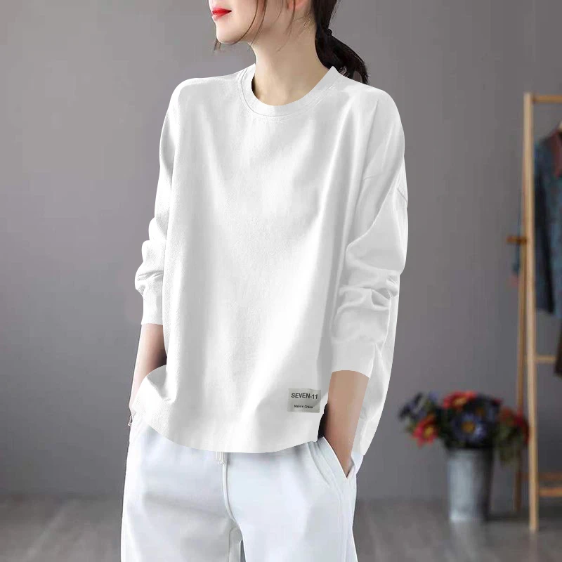 早秋新款正肩百搭减龄长袖t恤女士纯棉休闲百搭打底衫纯色上衣服