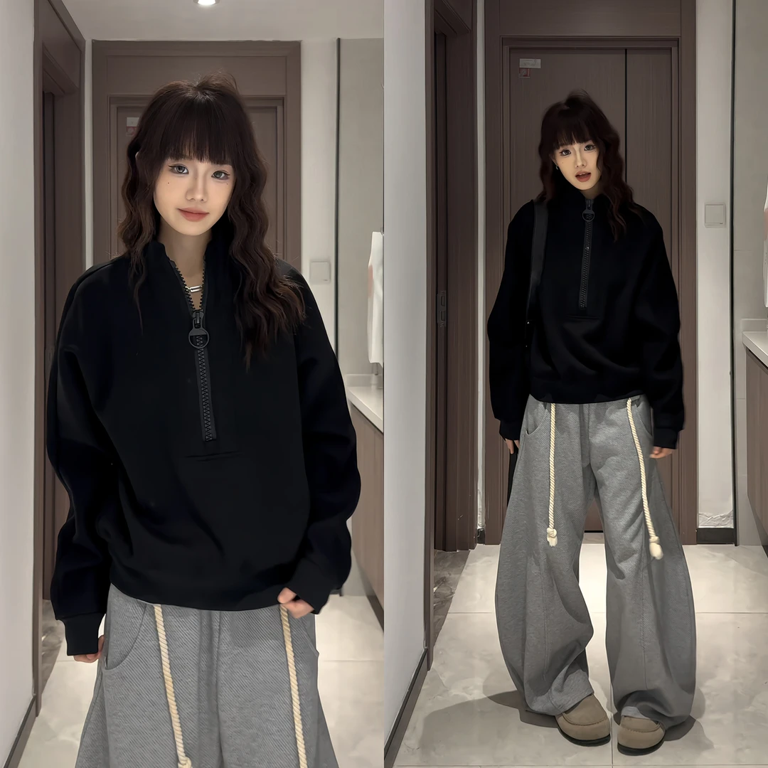 美式半拉链加绒卫衣男秋冬潮牌宽松上衣vibe高街百搭宽松立领外套