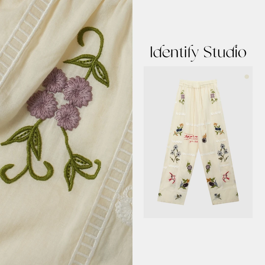 IDENTIFY“花鸟裤”夏季新款时尚立体刺绣松紧腰裤子25SSkk06214