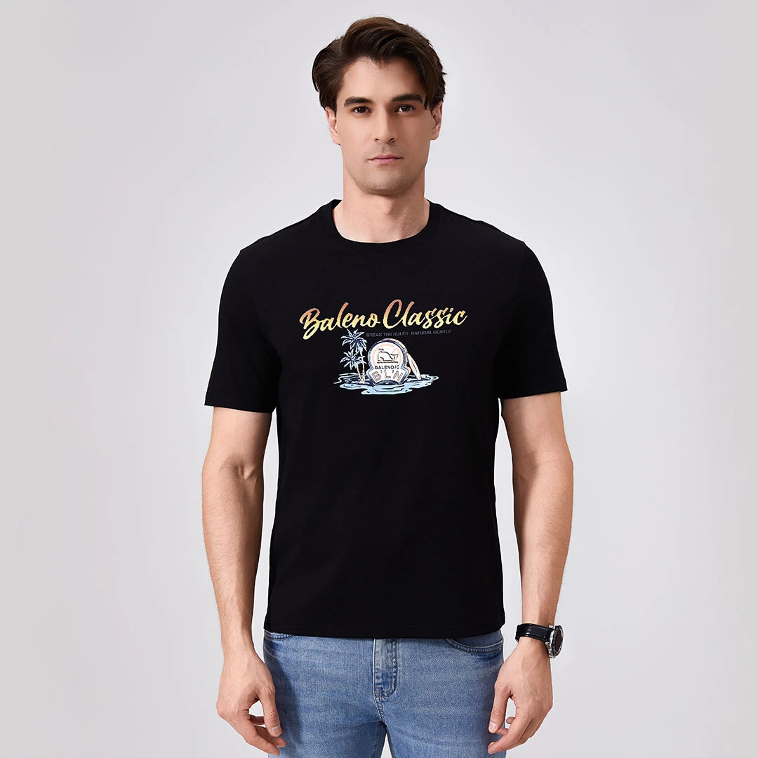 宾奴男装高弹银狐圆领T恤印花夏季半袖单节上衣男士短袖T恤时尚