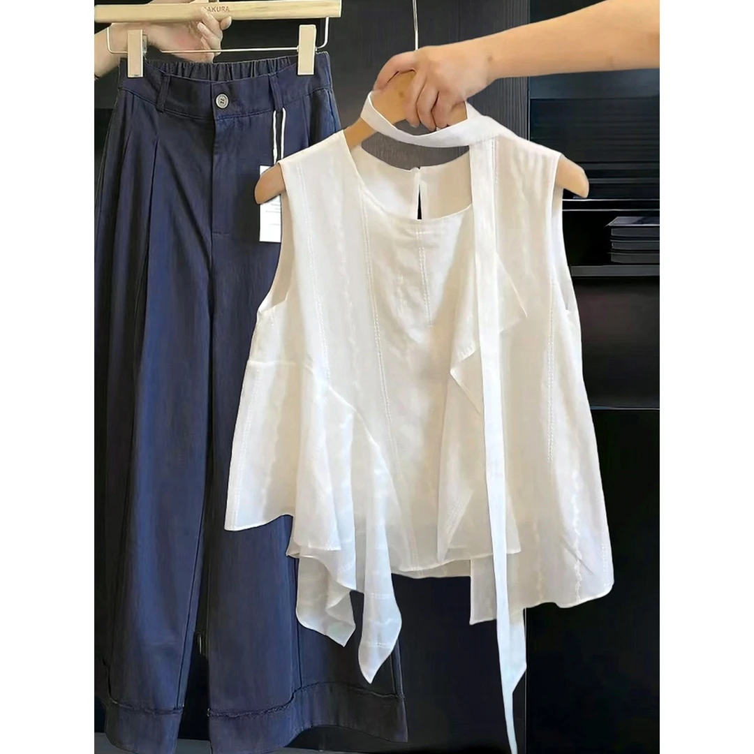 2025夏季新款高级感轻奢减龄洋气刺绣荷叶边飘带无袖上衣