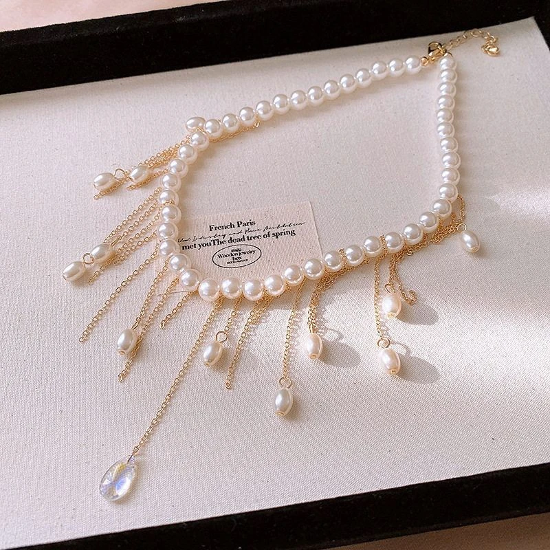 铜合金仿珍珠吊坠 法式水滴珍珠流苏项链复古百搭高级感锁骨链小