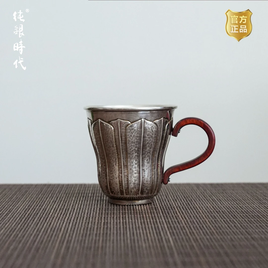 纯银时代 做旧莲瓣茶杯足银999手工錾刻中式复古小酒杯家用95ml