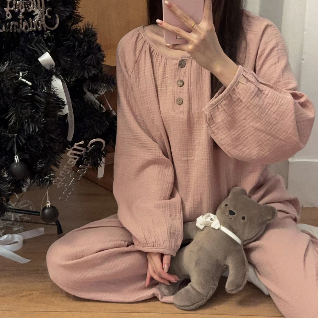 秋季新款长袖睡衣女婴儿棉布简约素色宽松秋天棉麻全棉家居服套装