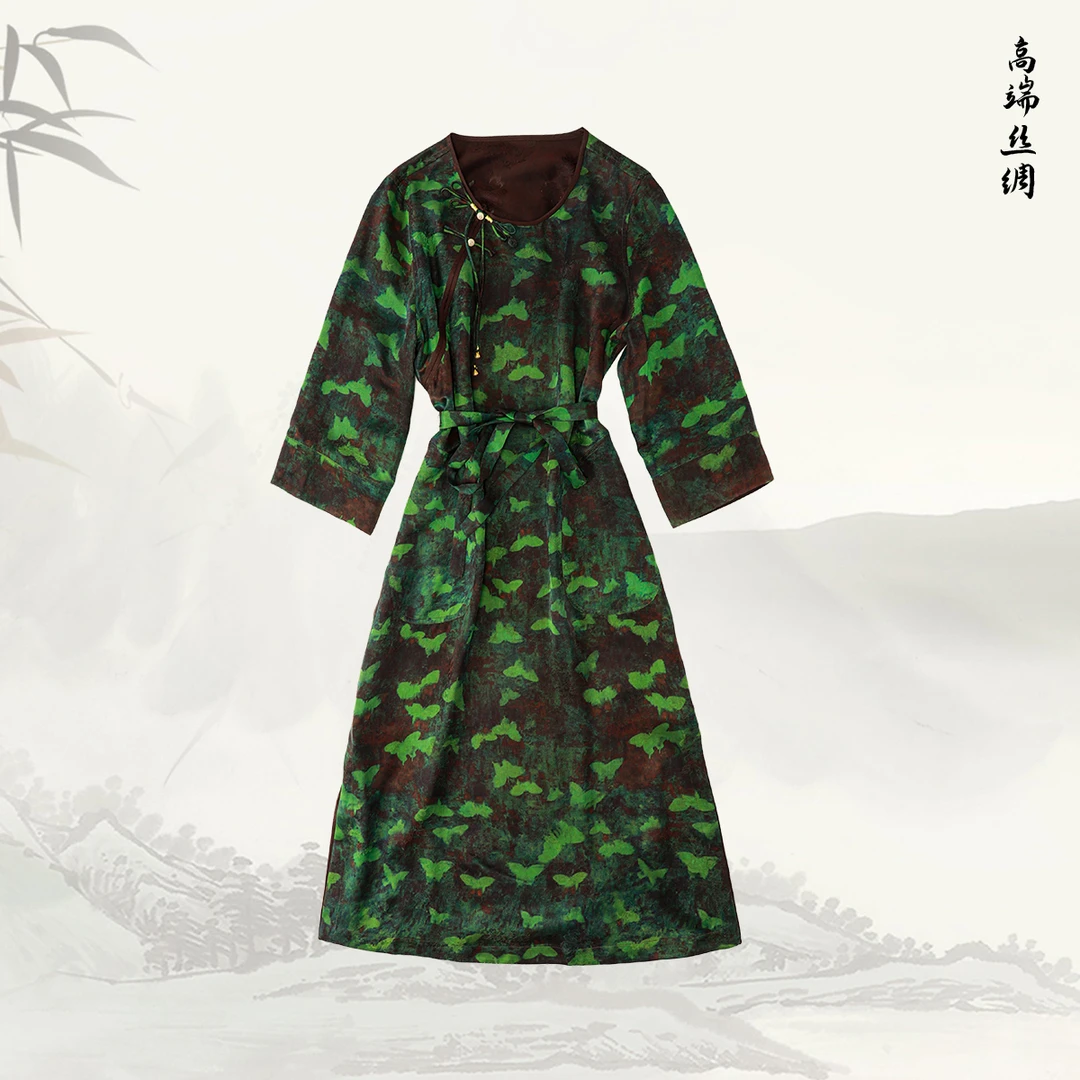 【苍葭】品牌新款香云纱100蚕丝提花花萝国风连衣裙419285