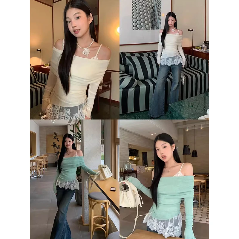 【秋秋清仓】秋季不规则显瘦收腰直角肩一字领微透针织衫5104 #