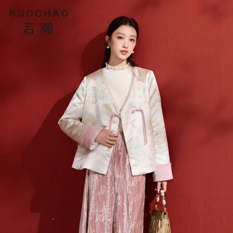 大码女装2025冬季新款国风小主风棉服外套缎面提花胖MM