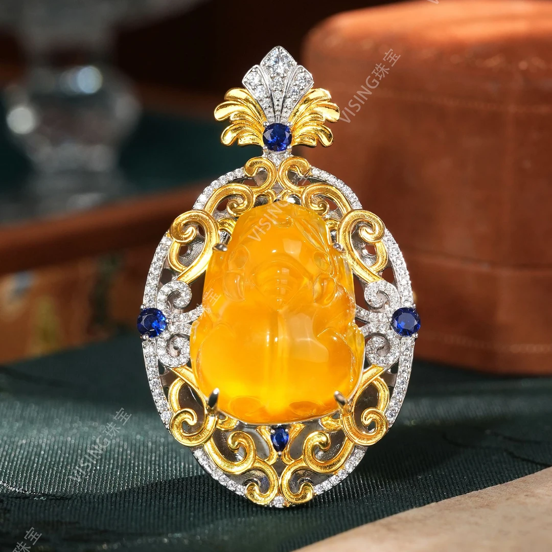 VISING 坠链均925银合成锆石 冰黄水沫垫色大貔貅吊坠项链国风