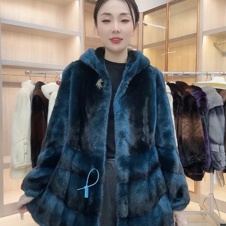 蓝色中长款连帽0841