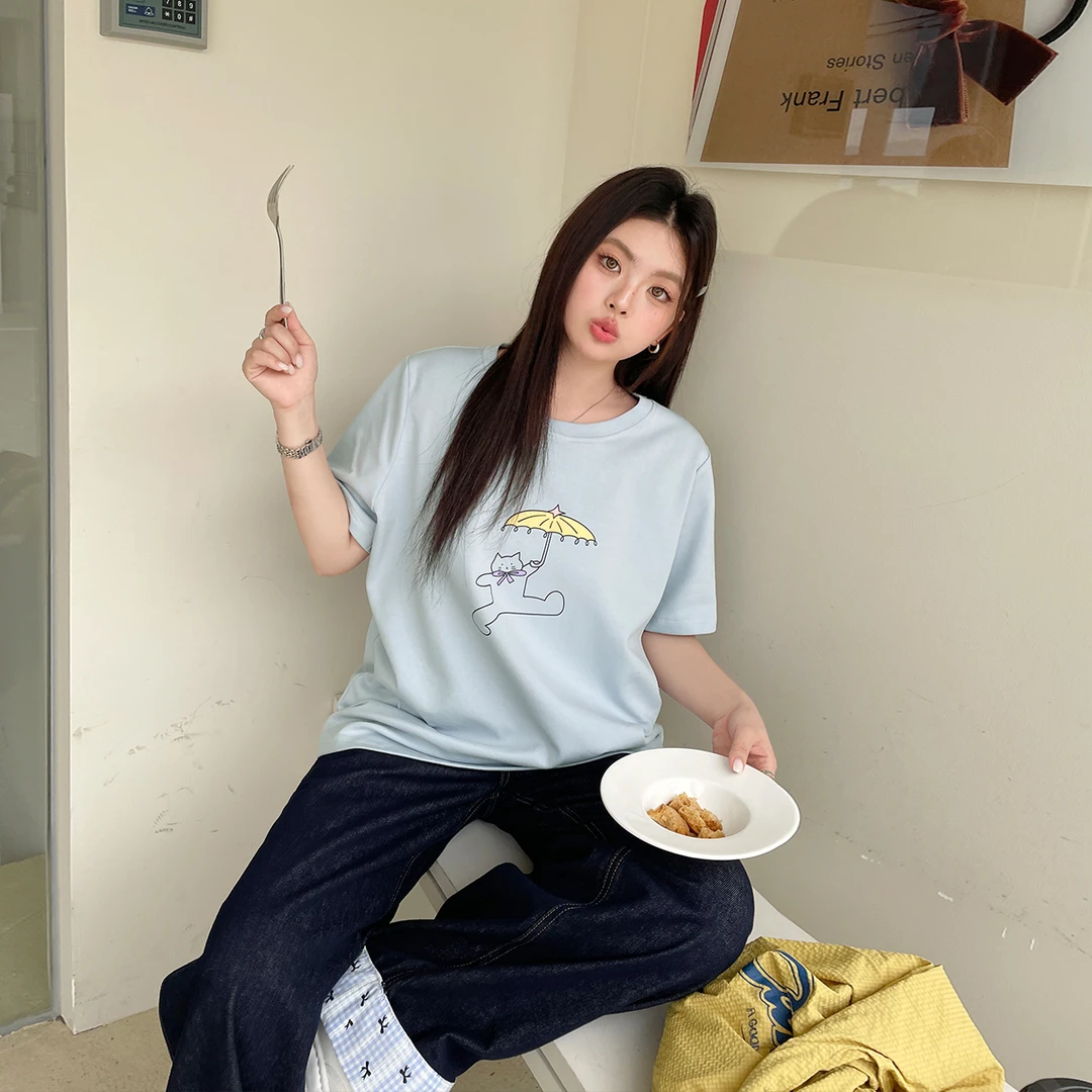 【现现专场】夏季韩版百搭休闲上衣大码胖mm猫咪撑伞圆领短袖T恤