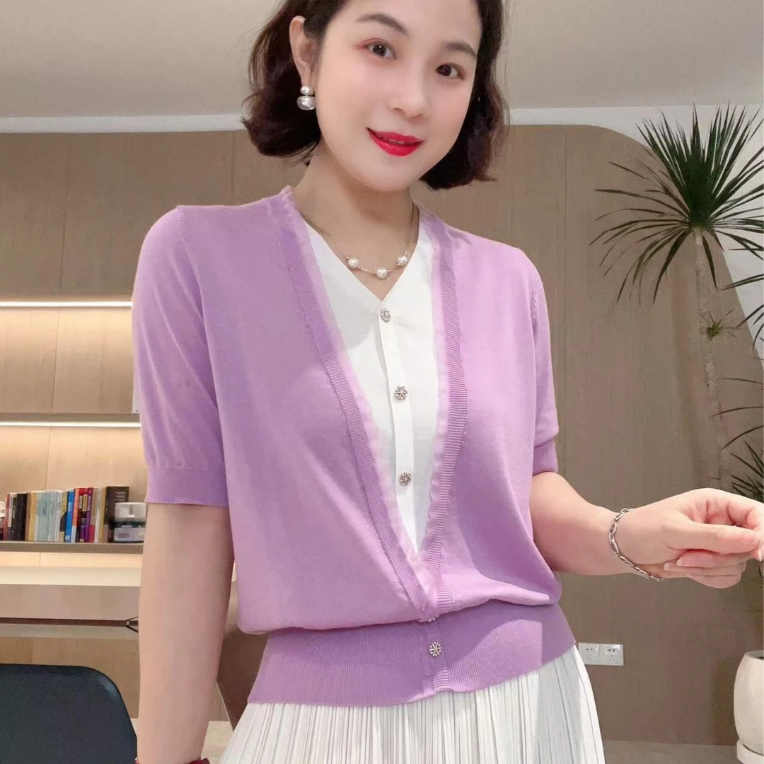 【朵朵假两件】短袖V领气质优雅丝丝边假两件针织衫#23175