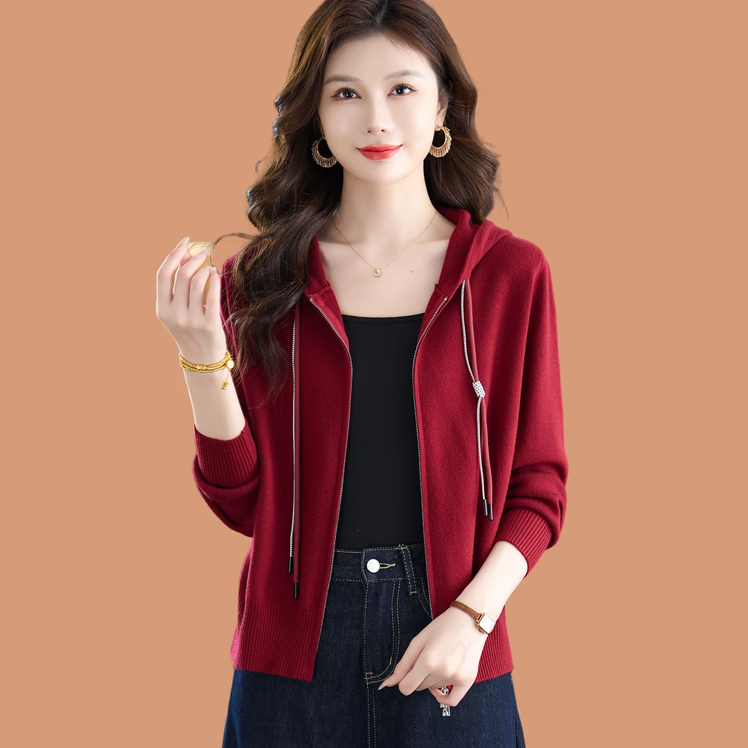 连帽羊毛针织开衫女春秋装2025新款拉链外搭披肩短款毛衣外套卫衣
