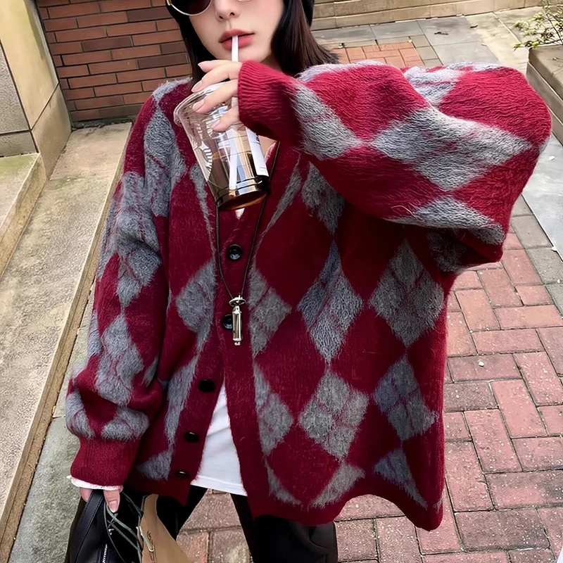 【原版】时尚格子中长款毛衣外套女新款韩版慵懒风针织开衫宽松厚
