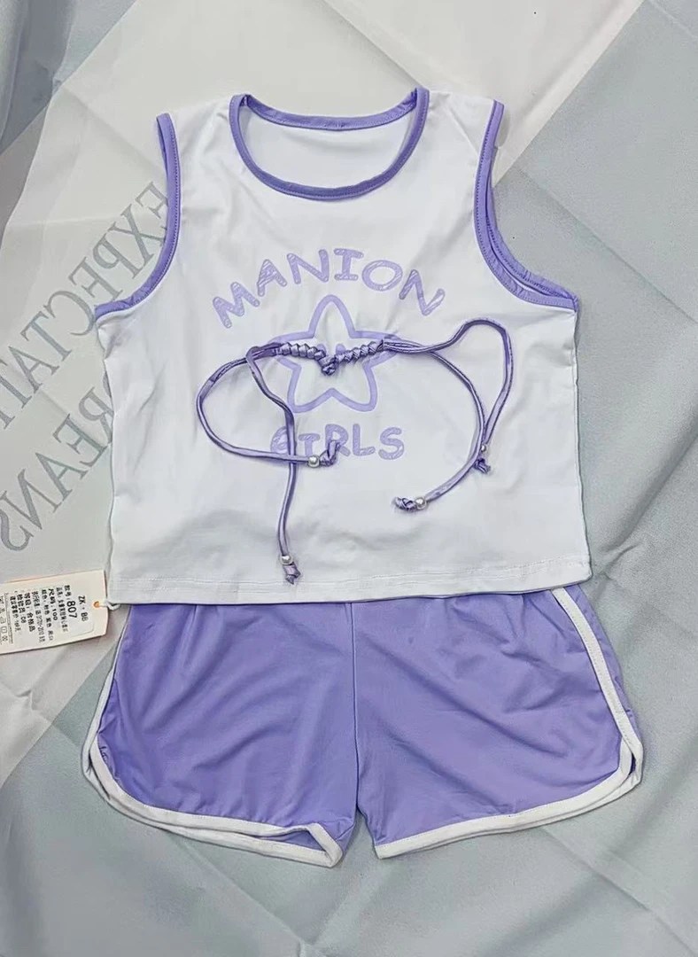 807-2-2紫色笑脸速干背心套装