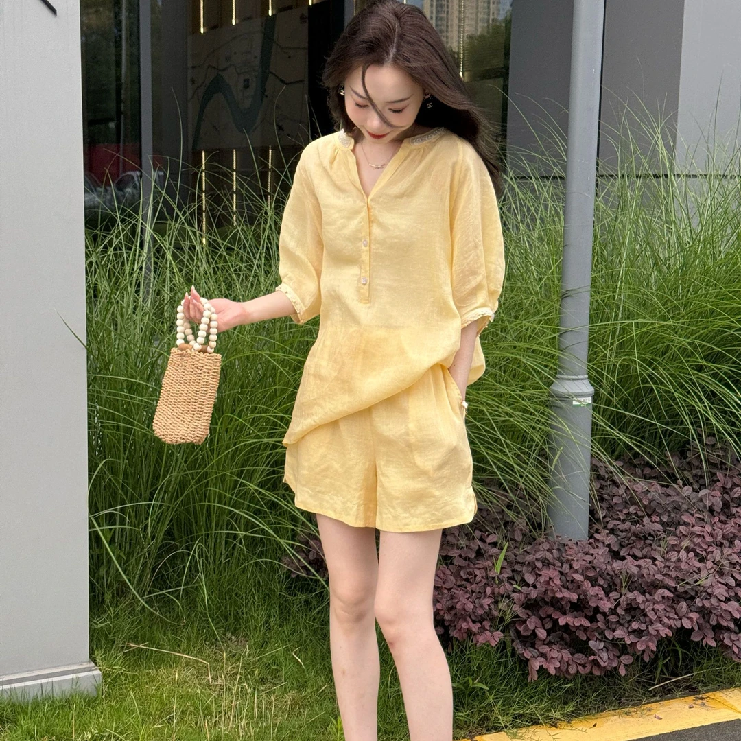 【盼盼100%苎麻原创】2025夏季新款气质女装钉珠高级慵懒风衬衫套装