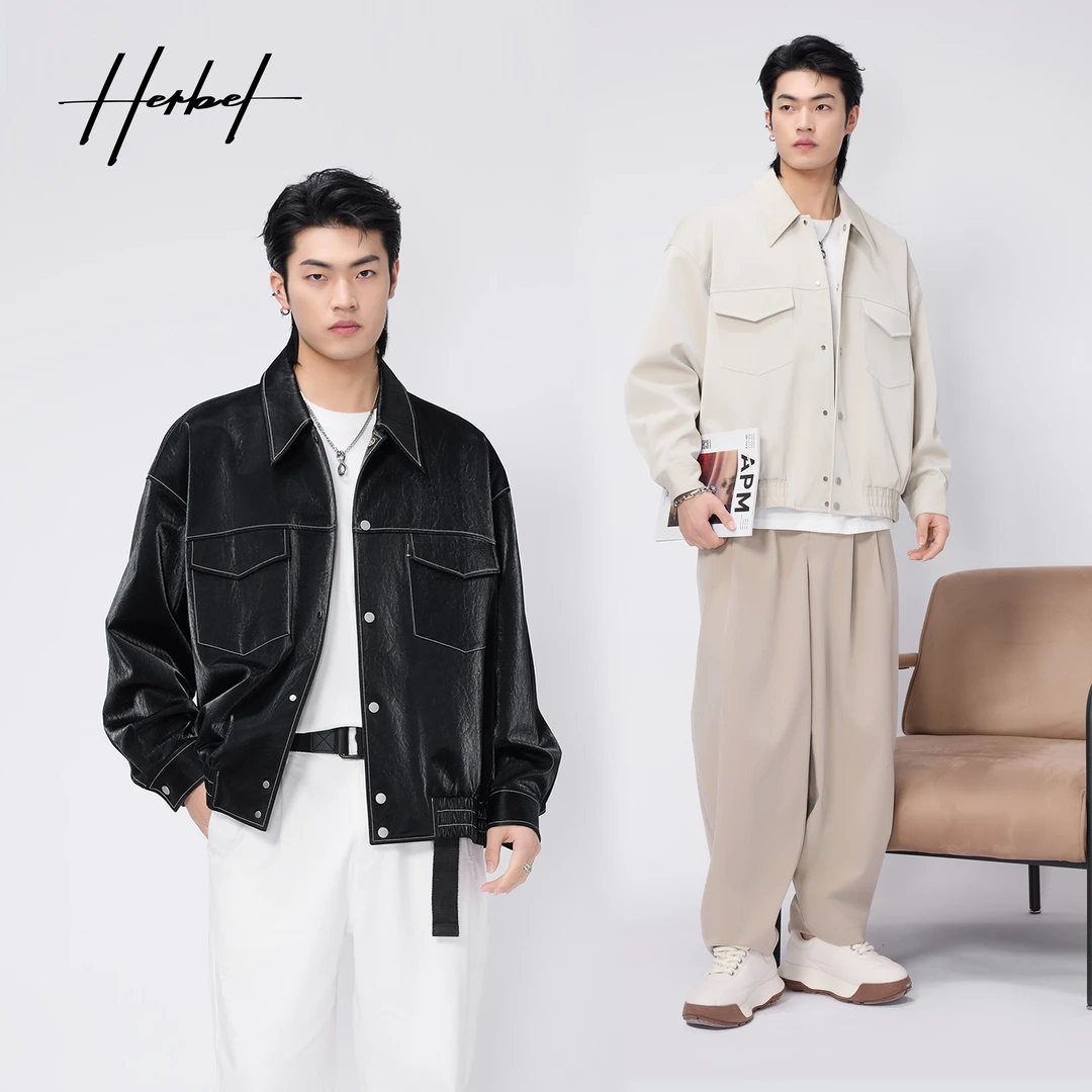 HERBEL/黑白2025春季雅丹风cleanfit时尚男士秋冬机能翻领皮夹克