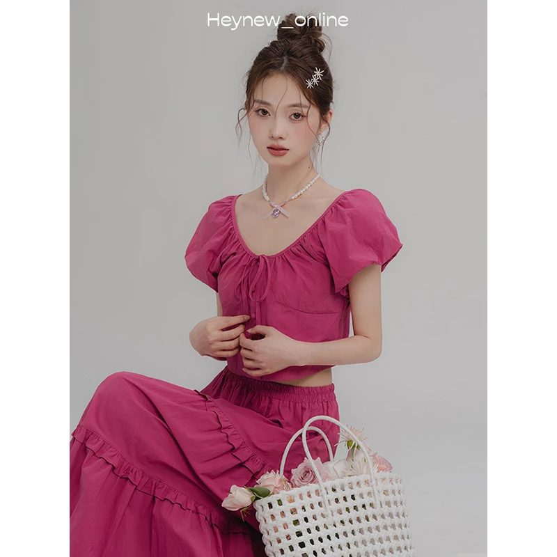 【年中清清】法式木耳边泡泡袖半身裙套装女夏日多巴胺两件套-4X140