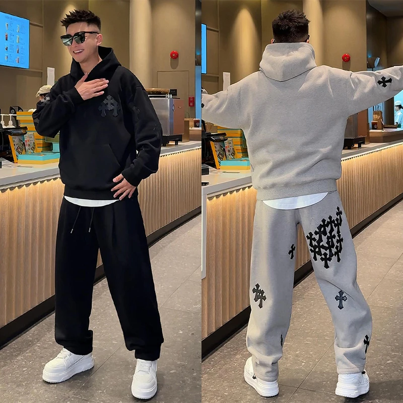美式高街贴皮十字花运动休闲套装男秋冬季百搭宽松卫衣卫裤两件套