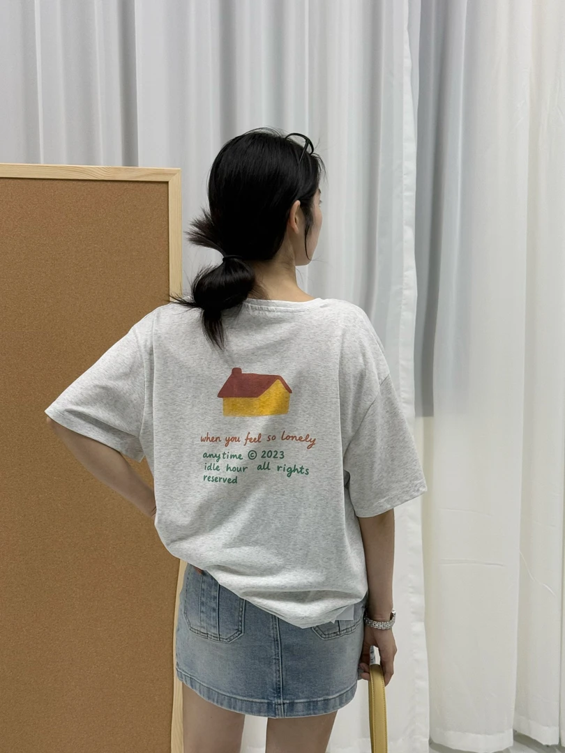 韩系灰色短袖t恤女2025新款大码夏季设计感小众宽松正肩半袖上衣