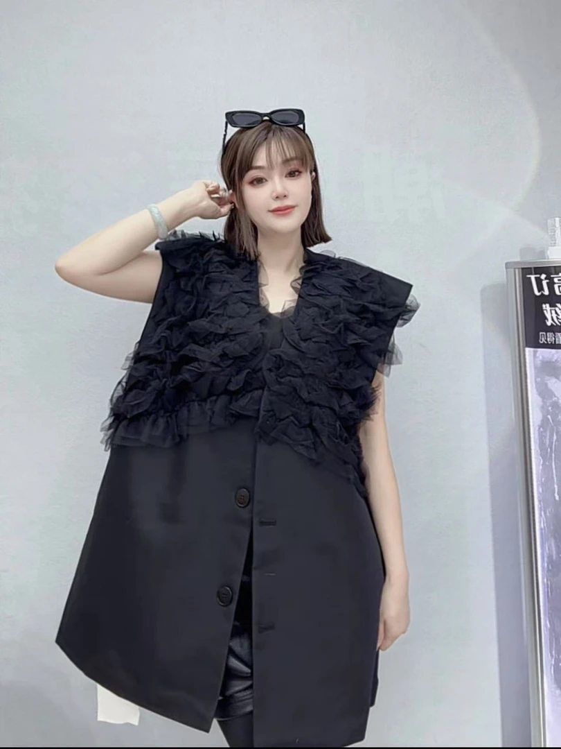 欧货女装设计感小众拼接v领马甲潮流时尚休闲中长款