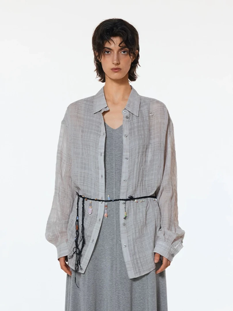 25早春UHOO WU设计师品牌灰色亚麻微透格纹长袖衬衣