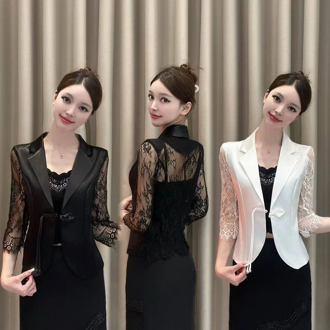 【时尚潮流】国风盘扣网纱拼接短外套修身显瘦西装时尚百搭气质潮流