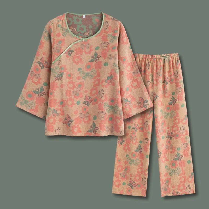 蝴蝶~古风睡衣女春秋长袖纯棉提花双层纱布新中式盘扣家居服套装