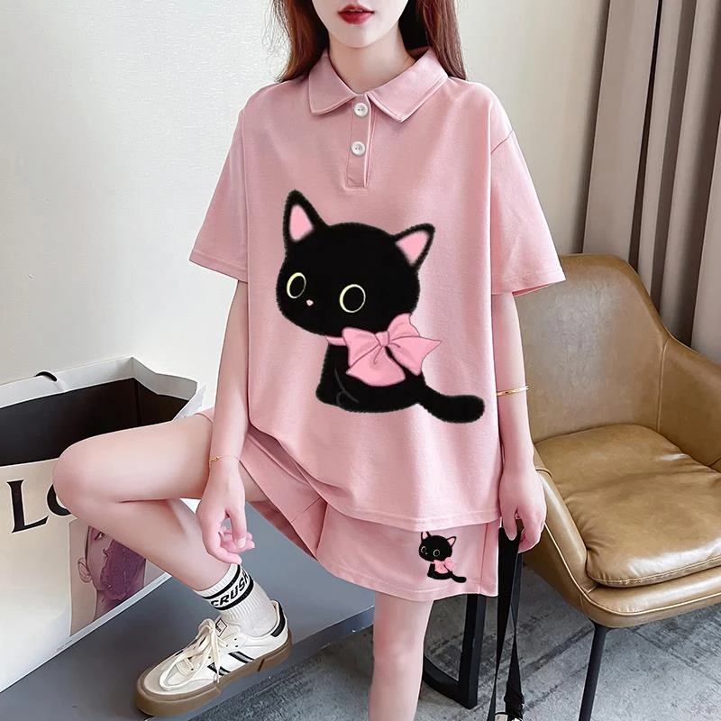 POLO领短袖短裤套装女夏季宽松时尚粉色小猫休闲运动风穿搭一整套