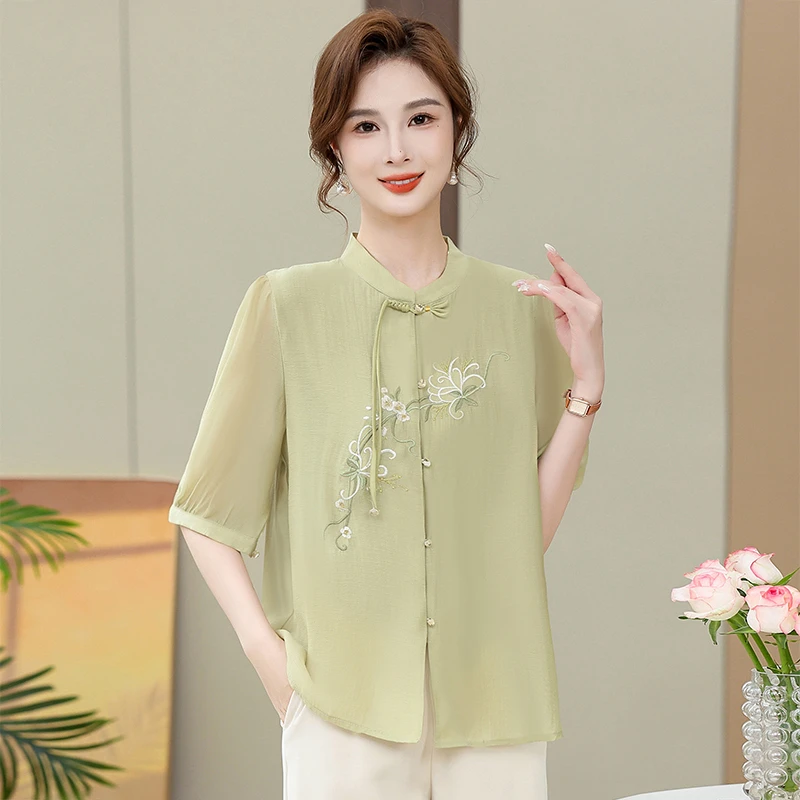 国风女装时尚春夏中老年衬衫夏装女装绣花民族风