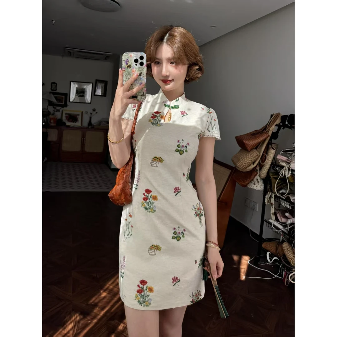 蕾英俊-朝花夕拾-夏季立领收腰显瘦温柔优雅新中式连衣裙-JF6073