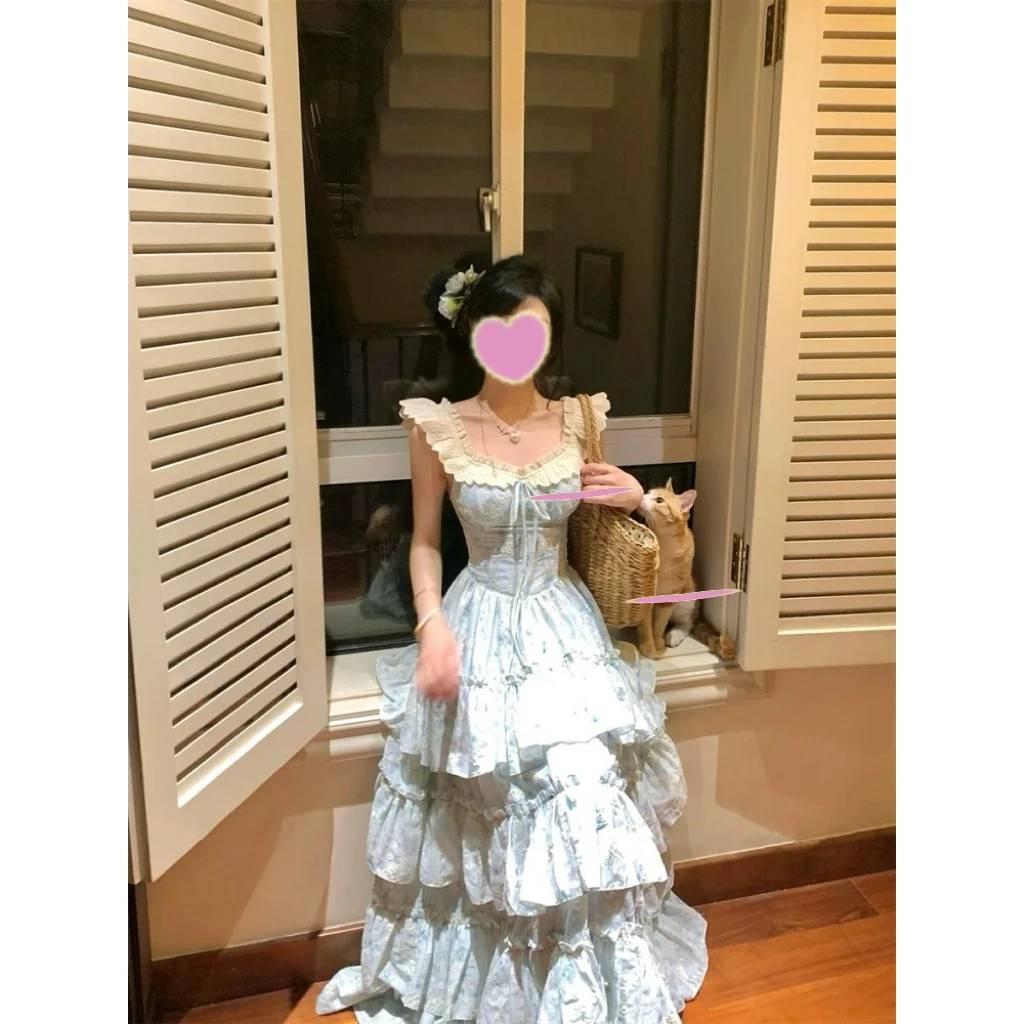 樱织花翎 精致甜美小飞袖温柔碎花收腰公主连衣长裙