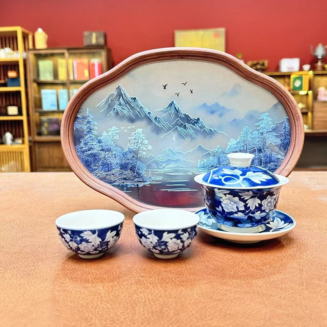 ZH2730-青花三才盖碗+2个青花国色品茗杯+茶盘