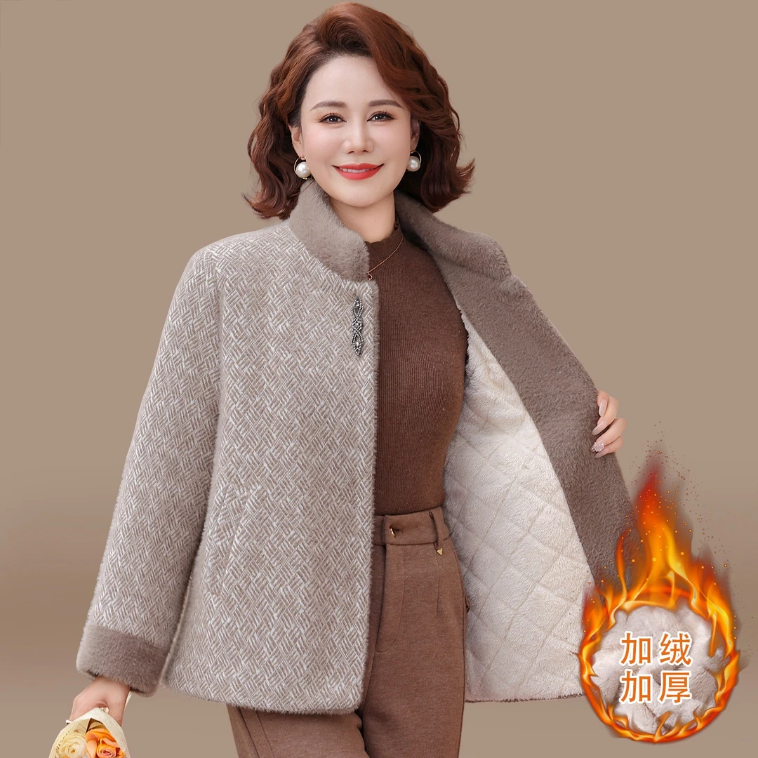 中年妈妈冬装毛呢外套加绒加厚皮草气质中老年秋冬仿水貂绒上衣女