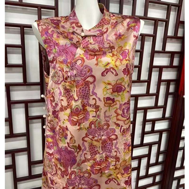 新中式国风提花立领斜襟无袖衬衫2025夏新款复古优雅中长款上衣