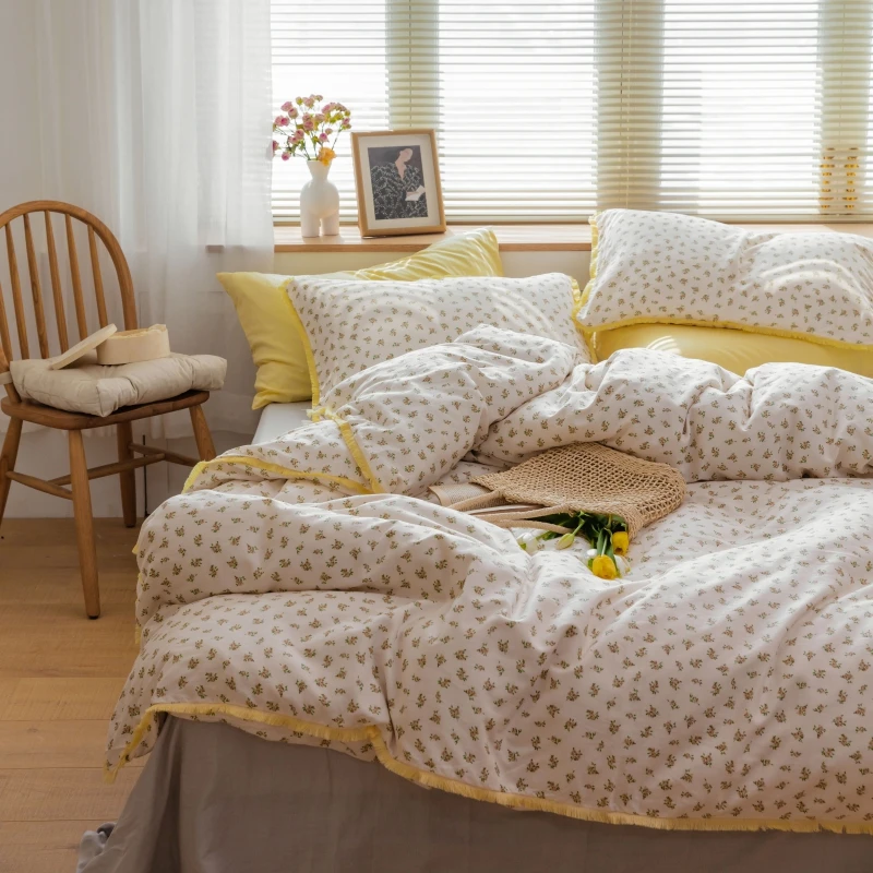 花海-A类母婴全棉纱布双层纱四件套棉宿舍双单人流苏边小碎花