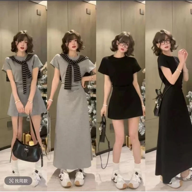 韩系慵懒风短袖大码连衣裙夏季显瘦减龄高级感穿搭9338