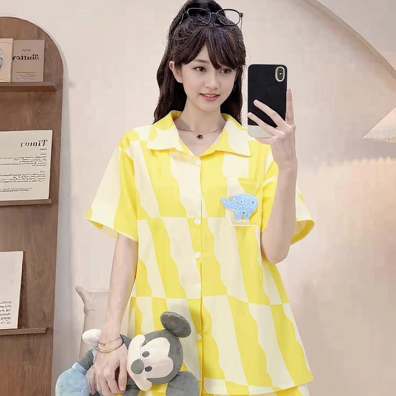 炸姐翻领短袖睡衣女夏2025新款拼接薄款休闲宽松可外穿家居服套装
