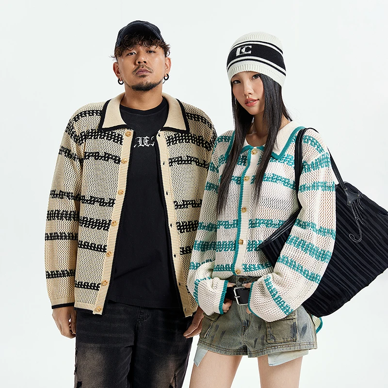 NMAX大码潮牌男装25春条纹提花长袖衬衫撞色仿钩针翻领外套FNC017