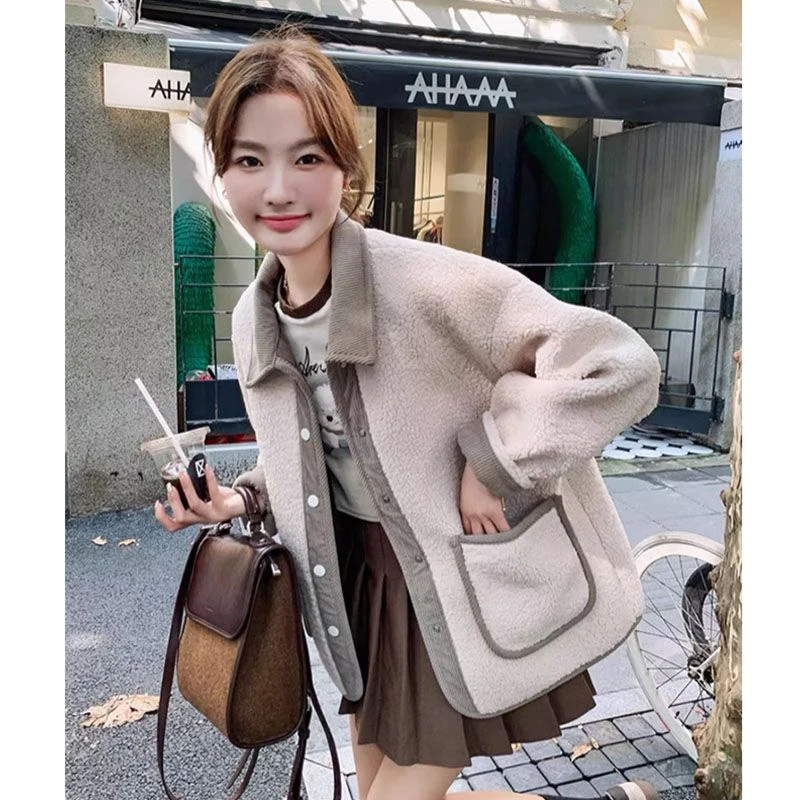 小香风皮毛一体羊羔绒外套女2025秋冬新款韩系复古加厚颗粒绒上衣