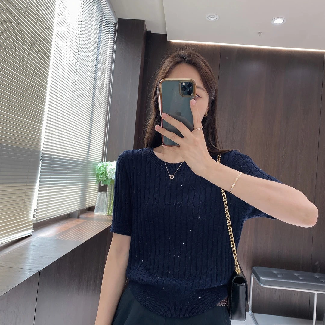 IMFLY金小金自制女装 莱赛尔针织衫DYW9222圆领亮片针织短袖女