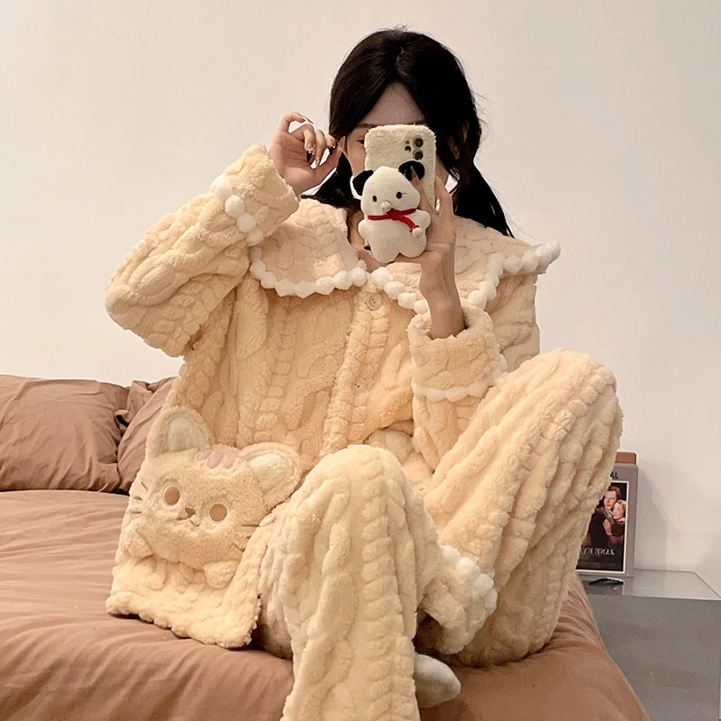 珊瑚绒睡衣女秋冬季加绒加厚2025年新款卡通可爱法兰绒冬天家居服