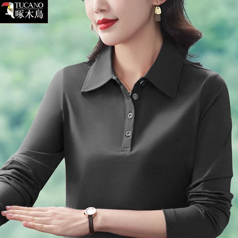 啄木鸟春秋纽扣POLO领长袖t恤女新款妈妈装大码显瘦拼接纯色上衣