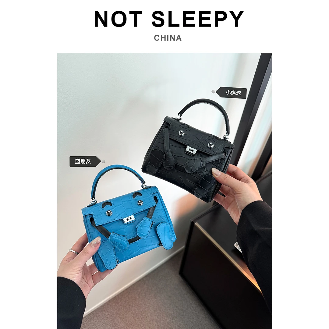 【不睡觉商店】笑脸包头层鳄鱼纹牛皮半手工蜡线可爱千禧娃娃凯莉包