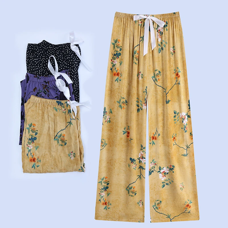 夏装新款棉绸松紧腰阔腿裤夏季舒适人造棉家居服裤子大码宽松睡裤